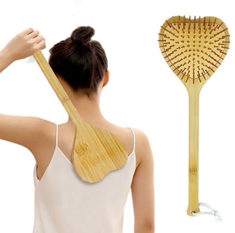 SacJkt Rascador de espalda de bambú, superficie rascadora de madera con mango largo, rascador de espalda en forma de amor para cabeza, piernas y espalda (40 cm, color madera)