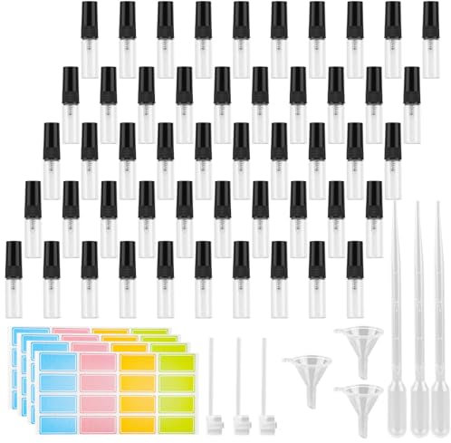 RVLZKCPG 50 Stück Parfum Zerstäuber für Unterwegs, 3ml Mini Parfümzerstäuber Nachfüllbar, Parfüm Abfüller mit 3 Pipetten, 3 Trichter, 3Presser und 4 Etikettenbogen für Reisen und Camping