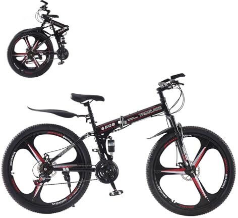 TRIOBLADE 27.5 Inch Folding Mountain Bike 21-Speed Foldable Mountain Bicycle with Dual Disc Brakes 3 Spoke Wheels Mountain Bikes,Dual Suspension Design for Adult Men Women (Black & Red)