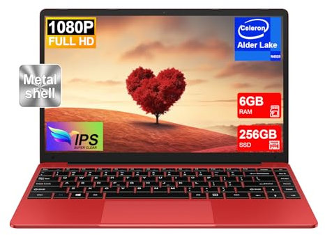 Ordenador Portatil Celeron N4020 Up to 2.8Ghz, Ordenadores Portatiles 14 Pulgadas Win 11 con 5G WiFi 6+256GB SSD Expansión 1TB, BT 4.2 1920*1080 FHD Mini Puerto Multimedia Portatiles Buenos-Rojo