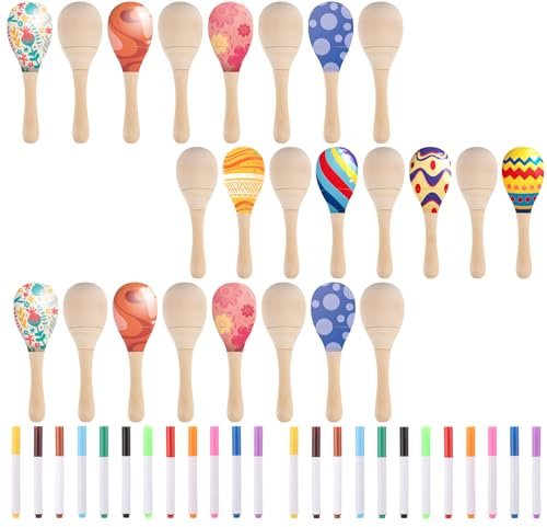 ZOFUN 24 Pcs Wooden Maracas, 12 x 4 cm Mini Unfinished Maraca with 24 Pcs Painting Pen in 12 Colours, Paintable Musical Maracas for Classroom, Carnivals, Festival, Musical Party