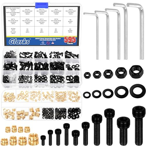 Glarks 595pcs M2/2.5/3/4/5 Socket Head Screw and Thread Brass Knurled Nut Set, Include 160pcs Hex Socket Head Cap, 110pcs Brass Threaded Insert Embedment Nut with Nuts and Washers for 3D Printer Use
