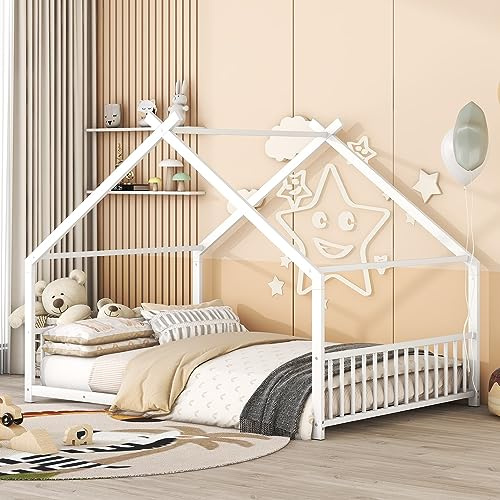 House Platform Bed Full Size, Full Size House Bed with Headboard and Footboard, Full Size Bed with Slats Support(Full White)