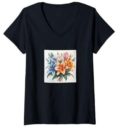 Femme Bouquet de lys asiatiques aux couleurs pastel T-Shirt avec Col en V