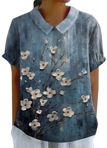 Cocila T Shirts Casual da Donna in Lino con Risvolto Floreale Scollo Tondo Bottoni Larghi Tops Pigiami Cotone Maglia Viscosa Curvy Maglietta Donna Intimo Maglie Manica Corta Colorate T Shirt