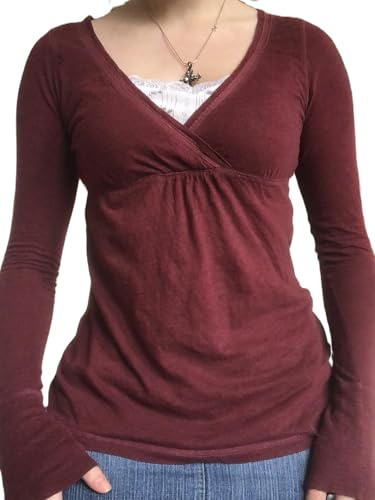 Yoisdtxc Women Fairy Grunge Wrap V-Neck Tops Long Sleeve Slim Fit Aesthetic Top Y2K Shirts Streetwear