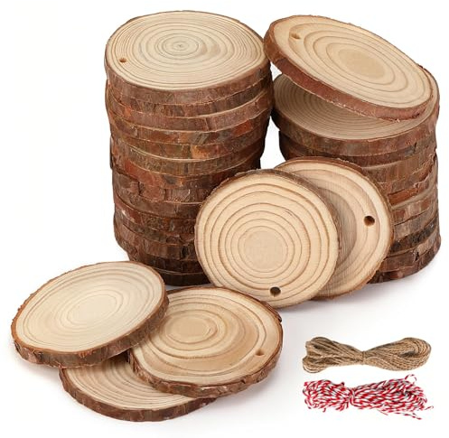 Rodajas de Madera Natural 40 Piezas, Discos de Madera Redondos 5-6cm, 10mm de Grosor con Cortezas, Troncos Madera Decoración para Bricolaje, Manualidades, Pintura y Pirograbador
