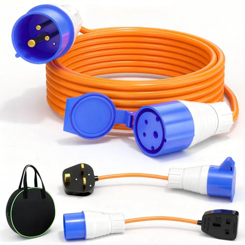 FTJKGH Caravan Extension Cable10m - IP44 Waterproof 16A Camping Eelectric Hook Up Cable Extension Lead Caravan Hook Up Cable with Caravan Electric Adapter and Carry Bag Ideal for Motorhomes Campervan