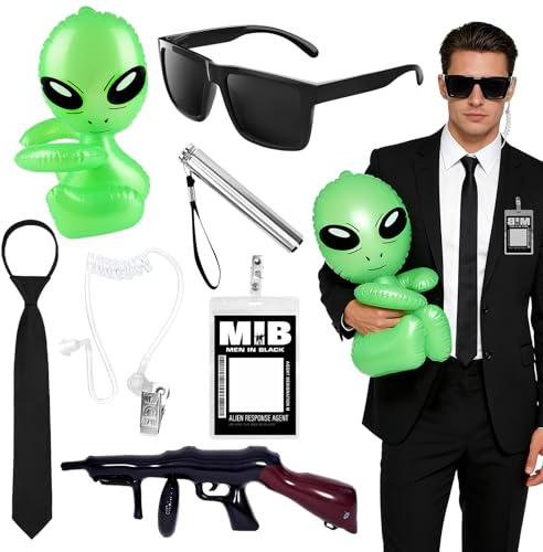 Set di 7 accessori per costume da agente, servizi segreti, accessori per costume con occhiali, cravatta, cuffie, pistola giocattolo gonfiabile, per uomo e donna, carnevale, feste a tema MIB