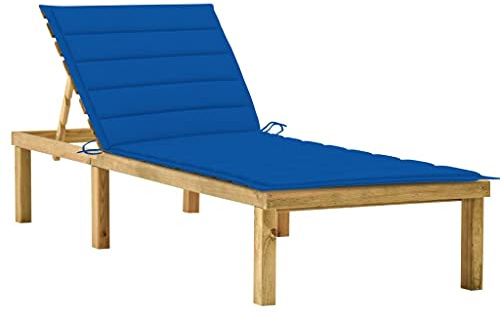 SKTQYQO Lettino da Giardino in Legno di Pino Impregnato con Cuscino Blu Royal Regolabile per Esterno, Lettino Prendisole con Schienale e Poggiapiedi Aggiustabili per Terrazza