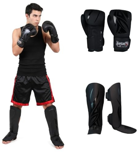 Dragon Do Mamba box-set professionella boxningshandskar individuellt i set 2,3,5 skenbensskydd huvudskydd bandage tandskydd för Muay Thai kickboxning MMA (Mamba set om 2: handske, skenbensskydd, 16 oz