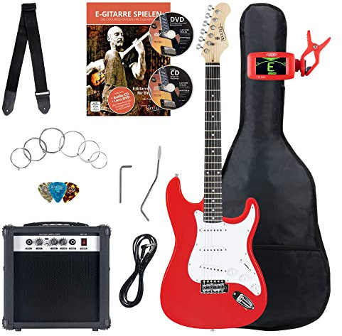Rocktile ST-Pack Komplettset E-Gitarre Red (Verstärker, Stimmgerät, Tremolo, Tasche, Kabel, Gurt, Plecs, Ersatzsaiten und Schule mit CD/DVD)