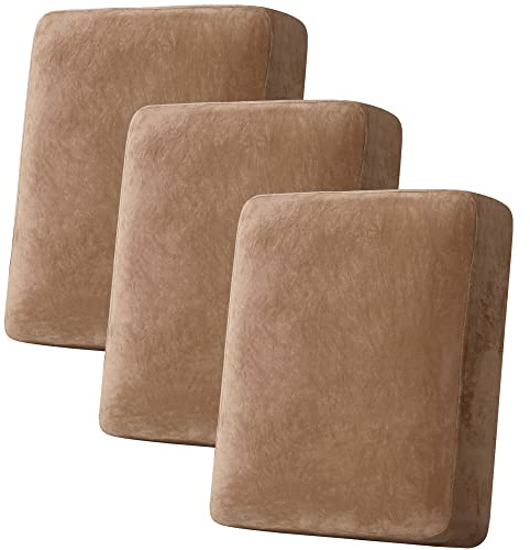 H.VERSAILTEX Velvet Stretch Couch Cushion Cover Plush Cushion Slipcover for Chair Loveseat Sofa Cushion Furniture Protector Seat Cushion Sofa Cover (3 Piece Sofa Cushion Covers, Camel)