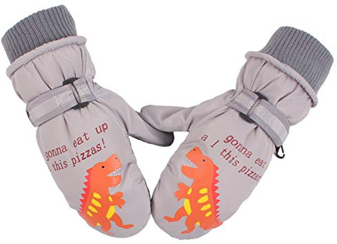 XIAOHAWANG Guantes de Esquí para Niños de Invierno Impermeable Guantes Niñas de Esquí con Dinosaurio para Niño de 2 a 8 años(Gris,2-4 Años)