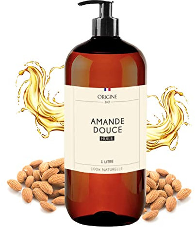 Origine - Huile d'Amande Douce 1 Litre - Marque Française - Excellente Qualité Pressée à Froid - 100% Naturelle Huile Amande Douce Cheveux - Peau Corps Visage Massage Vergeture