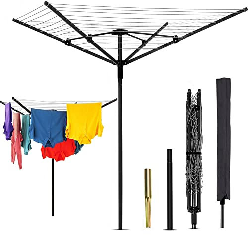 Nisorpa 50 m drehbare Wäscheleine für den Außenbereich mit Erdspieß und Abdeckung, 4 Arme, faltbarer Wäscheständer, strapazierfähig, Whirlygig Wäscheleine, Garten, drehbare Wäscheleine, Schwarz