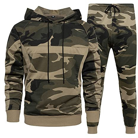 AOTORR Mens Sweatsuits 2 Piece Casual Tracksuits Camo Hoodie Jogging Sweatpants Suit Khaki 2XL