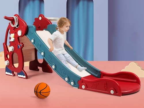 Kids Slide for Toddler - 4 in 1 Indoor Plastic Freestanding Slide for Toddler Outdoor Playground Climber Slide Playset with Basketball Hoop & Ring Game(Dinosaur Red)