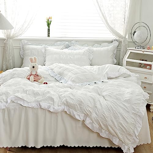 GETIYA Flauschige Seersucker Bettwäsche 135x200 Elegant Weiß Bettwäsche Mädchen Damen Aesthetic Rüschen Bettwäsche Mikrofaser Unifarben Bettbezug Einzelbett mit 1 Kissenbezug 80x80