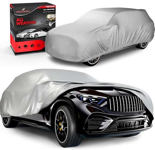 WALSER Presenning bil all Weather Basic, presenning vattentät, 100% väderbeständig bilpresenning, bilskydd utomhus, bilpresenning vattentät, bilpresenning helgarage SUV storlek XL silver