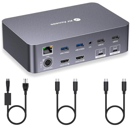 AV Access KVM Switch Dock 2 Monitors 2 Laptops, 4K KVM Switch Dual HDMI Monitor, 2 USB-C MST Ports, 60W PD for Each PC, 1G Ethernet, EDID Emulation, 2K@144Hz,1080P@240Hz,Ideal for Home Office & Gaming