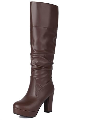 Lroey Reoly Donna Tacco Chunky Stivali a Metà Polpaccio, Stivali Morbidi Punta Rotonda Tacco Alto Stivali Alti Senza Chiusura con Plateau, B10453Jx Marrone Numero 34 EU