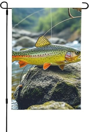 Drapeaux de jardin 31,8 x 45,7 cm double face pour jardin, cour, ruisseau, truite, pêche à la mouche, drapeau décoratif d'extérieur pour toutes les saisons
