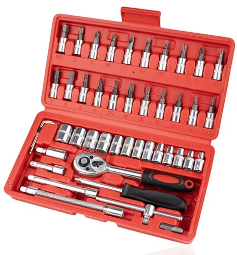 Beaiguna 46PCS Small Drive Socket Ratchet Wrench Screwdriver Set, 1/4 Inch Metric Socket and Ratchet Wrench Set with Extension Bar, Upgrade Compact Tool Set for Car