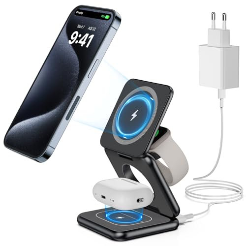 KU XIU X40 Cargador Inducción, Estación de Carga inalámbrica 3 en 1 para iPhone Serie 16/15/14/13/12, 5W para Apple Watch y AirPods 4/3/2/Pro, Cargador Magnético Portátil Plegable - Negro