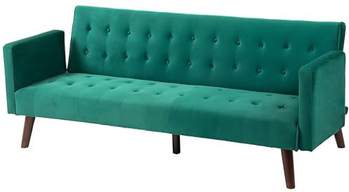 HOMCOM Canapé Convertible canapé 3 Places canapé lit clic clac en Tissu Velours capitonné avec Dossier inclinable 3 Niveaux, Pieds en Bois pour Salon, Chambre d'amis, Vert