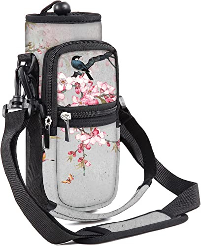 Mibbxea Sac de transport pour bouteille d'eau de 25 oz – Sac à bandoulière isotherme avec sangle et compartiments pour homme et femme Gym Voyage Camping Cyclisme Randonnée Course, Gris, fleurs roses
