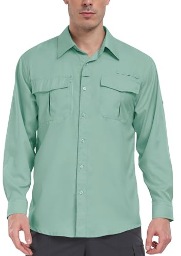 MoFiz Homme Chemise de Sport à Manches Longues Légère Chemise Boutonnée de Pêche Randonnée Fonctionnelle Loisirs Shirt d'Extérieur Respirante à Séchage Rapide Verde Claro EU M