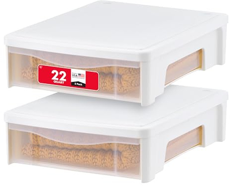IRIS USA 22 Qt Under Bed Storage, Stackable Organizer Bin Plastic Container with Sliding Drawer, 2 Pack, Multi-Purpose for Clothes, Shoes, Bedding, White