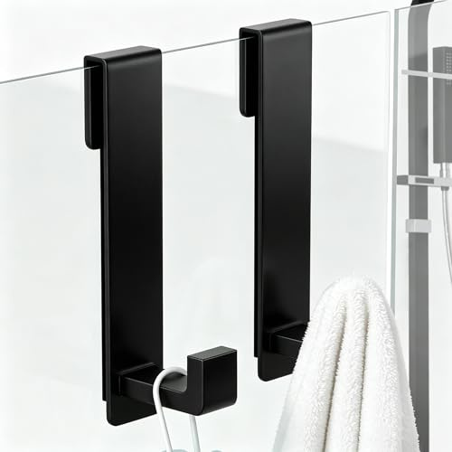 WUIVIUT Heavy-Duty Stainless Steel Over The Glass Door Shower Black Hooks - 7-1/2 Inch Towel Hooks for Frameless Shower Glass Door with Secure Grip for Robe (L-Shape, 2 Pack)
