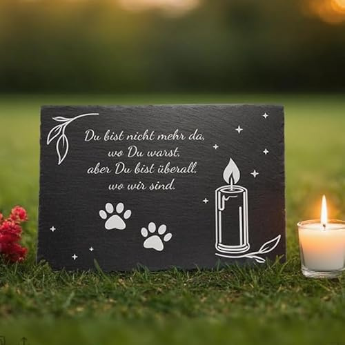 eGenuss Husdjurs gravsten i skiffer 30x20 cm – lasergraverad minnesplatta för hund & katt – väderbeständig natursten med metallstativ – tillverkad i Tyskland