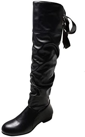 Bottes hautes en cuir pour femme - Bottes plates antidérapantes avec nœud à l'arrière - Bottes de loisirs tendance et décontractées pour femme - Bottes d'hiver confortables