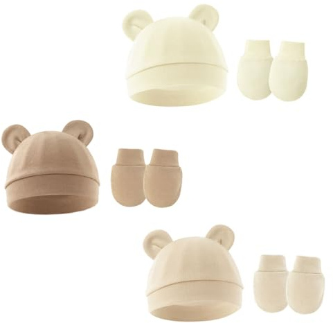 Tokaneit Neonato Bambino Berretto e Guanti Set 3 Sets Cappello e Guanti Caldi e Resistenti ai Graffi,Berretti e Cappellini per Bambino e Guantini Neonato AntiGraffio Cotone,Applicabile da 0 a 6 Mesi