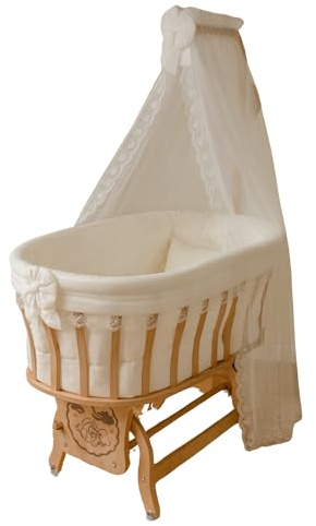 Bebek On For Basket Crib Babywiege aus Buchenholz mit Himmel & Spitzen-Set | Schaukel- & Feststellfunktion | Inkl. Matratze & Bettwäsche | Für Neugeborene bis 12 Monate