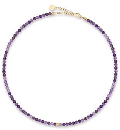 Pärlhalsband för dam av äkta fasetterade naturstenar 4 mm | Justerbart ädelstenshalsband med 18K guldplätering (40–45 cm) | Vattentåligt boho-halsband