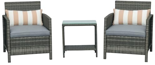 Outsunny 3 Pieces Rattan Bistro Set, Wicker Garden Furniture Set, Glass Top 2-tier Coffee Table and Chairs Set with Pillows and Washable Cushions for Outdoor, Patio, Balcony, Grey