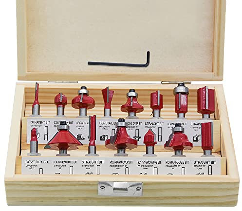 1/4 inch Router Bit Set, 15pcs 6.35mm Shank Tungsten Carbide Tipped Router Bit Set with Wooden Box, Double Flute Wood Milling Saw Cutter, for Handwork and DIY