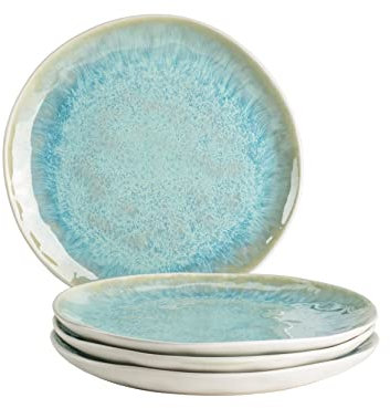 MÄSER Frozen, Modernes Dessertteller 4er-Set mit gesprenkelter Glasur und organischen Formen, 4 kleine Teller aus Keramik im aufregendem Vintage Look, Steinzeug, Türkis