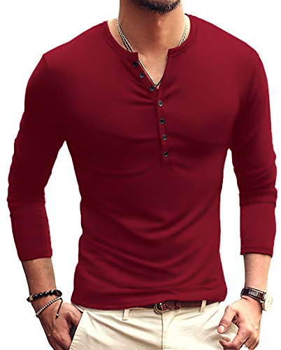 KUYIGO Hombres Algodón Camiseta Slim Fit Henley Camisa Básica Crew Neck Botones Manga Corta&Manga Larga Moda Tops