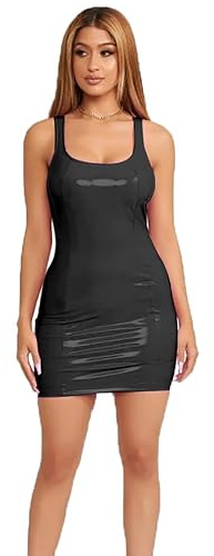 THSCWY Konstläder latex festklubb klänning kvinnor sexig rund hals PU-läder tank miniklänningar bodycon för kvinnor, Svart, XL