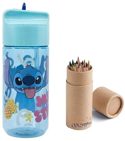 OM SUPPLIES Stitch Characters wiederverwendbare Tritan-Trinkflasche für Kinder, 430 ml, Urlaub, Schulanfang, Mittagessen, Kinder, BPA-freier Kunststoff (Nähte)