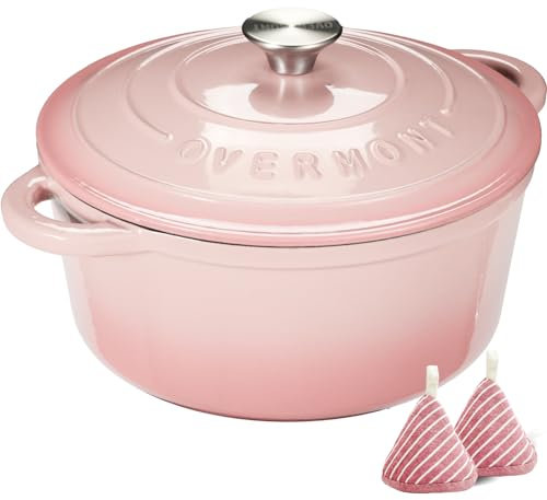 Overmont Bräter emaille Gusseisen Topf - Schmortopf 24cm backofengeeignet - mit Deckel und Kochbuch - für Küche Backen Schmoren Braten Rosa