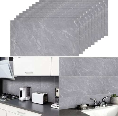 Marble Tile Stickers, 10Pcs Vinyl Floor Tiles Self Adhesive Floor Sticker,Peel and Stick on Vinyl Floor Wall Tiles for Bedroom Bathroom Living Room Kitchen Splashback 60x30cm (Marble Grey)