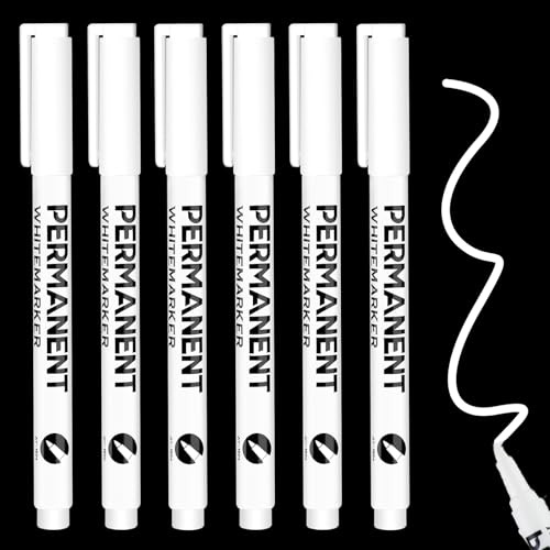 Cncedi 6pcs 1mm White Permanent Marker Pen, White Fabric Pen Quick Dry Waterproof Laundry Marker for Garden Clothes Wall Metal Wood Glass Plastic Tyre Stones Ceramic