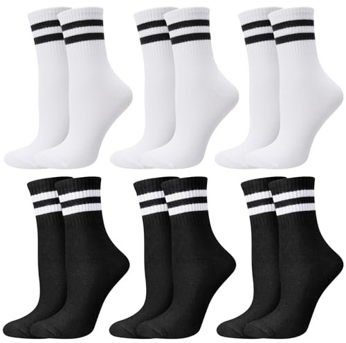Utensilsto 6 Paar Sportsocken Herren Damen, 37-42 Tennissocken Streifen Socken Baumwolle Unisex Weiß und Schwarz Sport Socken für Damen Herren