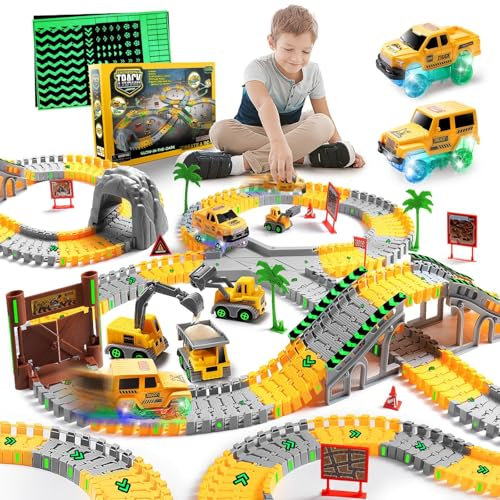 Autorennbahn ab 3 4 5 6 7 8 Jahre, 264 Stück 5 Cars Bagger Spielzeug Autorennbahn Rennbahn 2 Glow Elektroautos,3 Bauwagen,Flexibles DIY Gleis-Set Flexible Track Kran Spiele